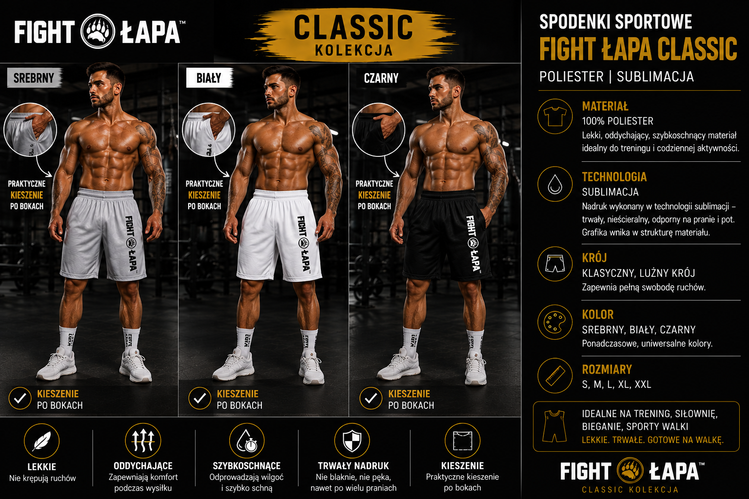 Spodenki sportowe FIGHT ŁAPA Classic z kieszeniami na zamek
